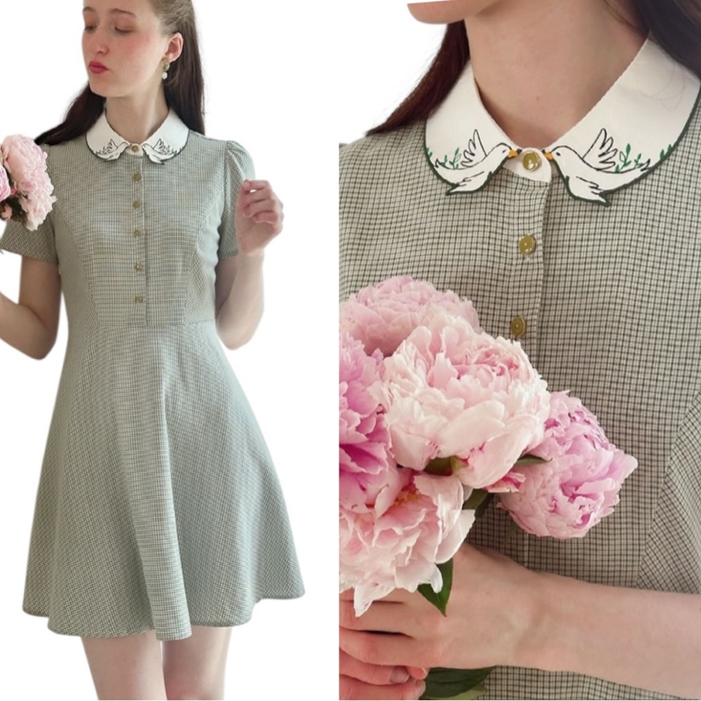 Miss Patina Lucky Bird Kisses Green Gingham Embroidered Peter Pan Collar Dress M
